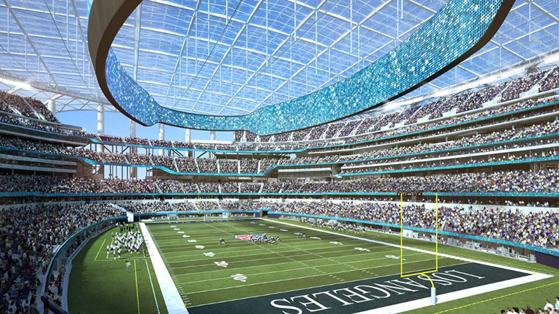 NFLのラムズとチャージャーズがシェアする新本拠地「LAスタジアム」の完成予想図