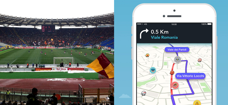 ASローマの本拠地スタディオ・オリンピコとWazeのアプリ画面