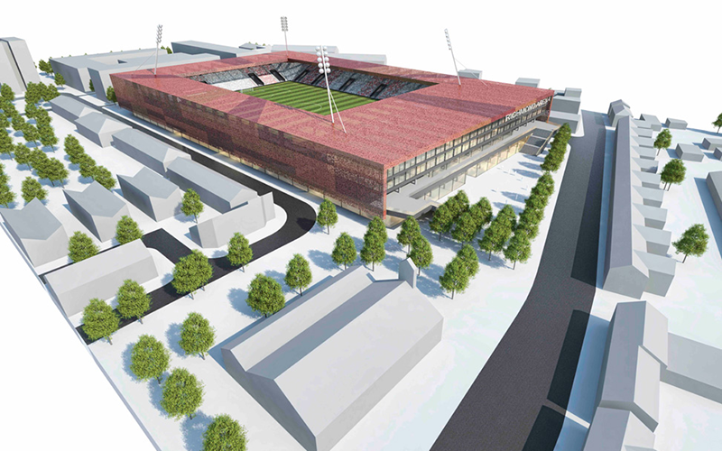店舗やコミュニティ施設の上の階にスタジアムを設置する「リッチモンド・アリーナ(仮)」の設計案