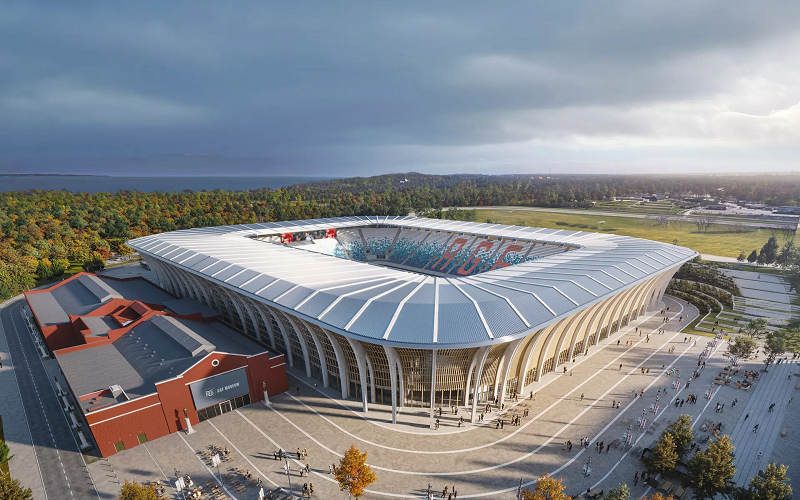 新スタジアムと旧陸上競技場の管理棟の鳥瞰イメージ 
