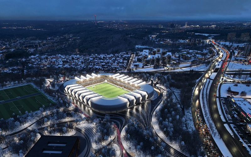 ヴィリニュスで整備が計画されている新国立スタジアムの鳥瞰イメージ