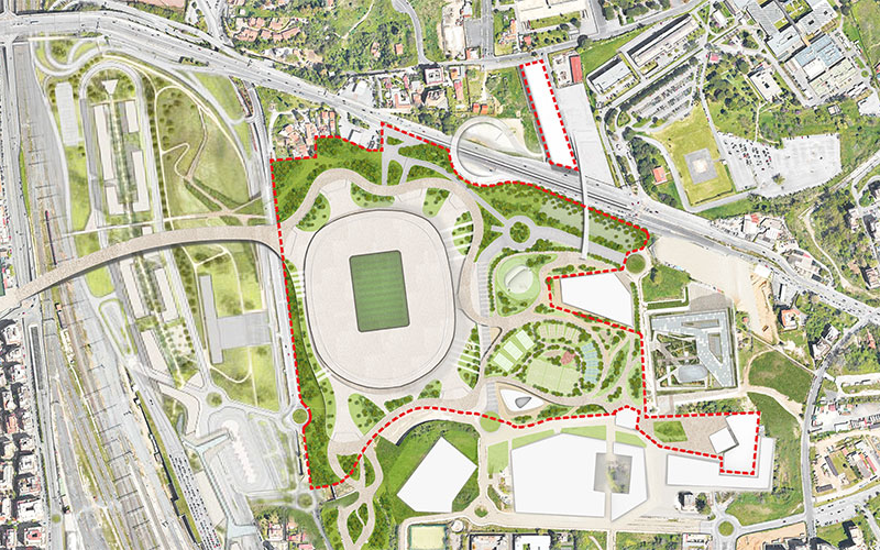 新スタジアムを中心とした多機能型コンプレックスの配置図
