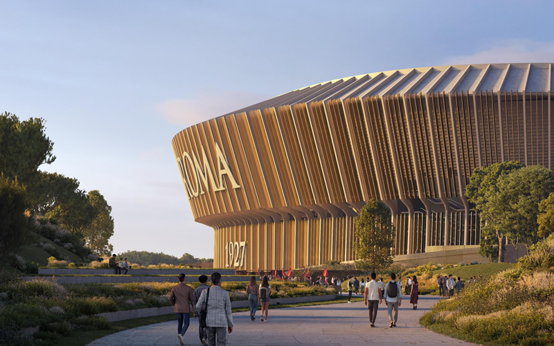 新スタジアムの外観にあしらわれたロゴのイメージ